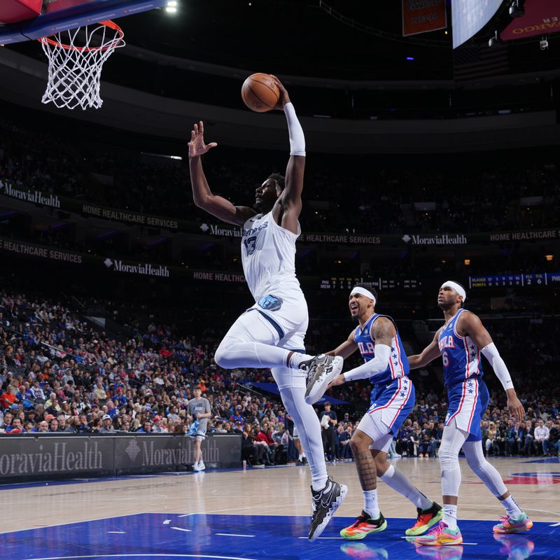 PHILADELPHIA, PA - MARCH 6:  Jaren Jackson Jr. #13 of the Memphis Grizzlies drives to the basket during the game against the Philadelphia 76ers on March 6, 2024 at the Wells Fargo Center in Philadelphia, Pennsylvania NOTE TO USER: User expressly acknowledges and agrees that, by downloading and/or using this Photograph, user is consenting to the terms and conditions of the Getty Images License Agreement. Mandatory Copyright Notice: Copyright 2024 NBAE (Photo by Jesse D. Garrabrant/NBAE via Getty Images)