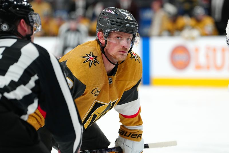 Mar 5, 2025; Las Vegas, Nevada, USA; Vegas Golden Knights center Jack Eichel (9) prepares for a face-off against the Toronto Maple Leafs during the second period at T-Mobile Arena. Mandatory Credit: Stephen R. Sylvanie-Imagn Images