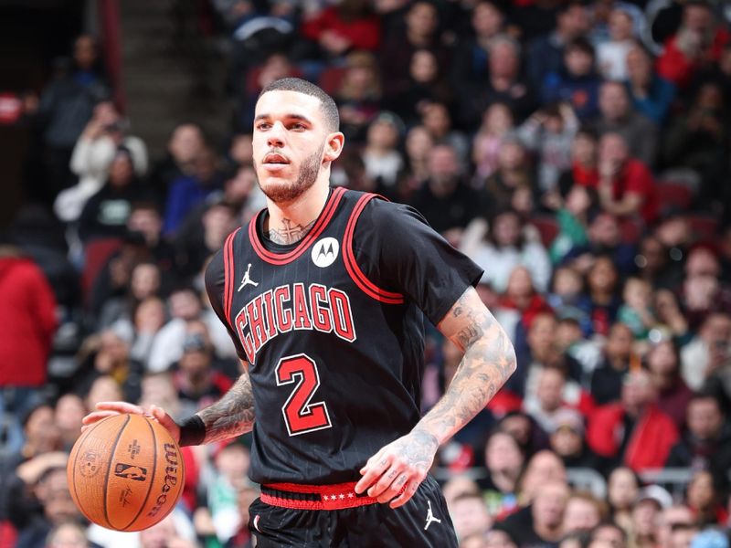 CHICAGO, IL - NOVEMBER 29: Lonzo Ball #2 of the Chicago Bulls dribbles the ball during the game against the Boston Celtics during the Emirates NBA Cup game on November 29, 2024 at United Center in Chicago, Illinois. NOTE TO USER: User expressly acknowledges and agrees that, by downloading and or using this photograph, User is consenting to the terms and conditions of the Getty Images License Agreement. Mandatory Copyright Notice: Copyright 2024 NBAE (Photo by Jeff Haynes/NBAE via Getty Images)