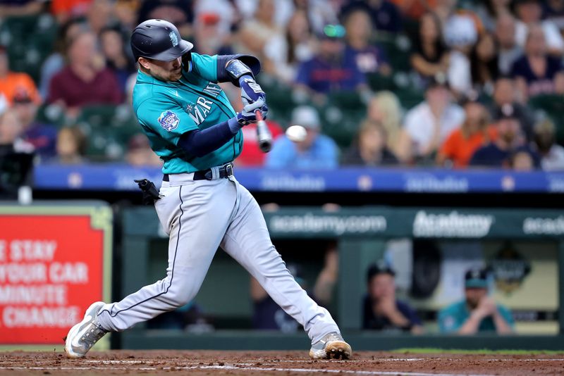 Aug 20, 2023; Houston, Texas, USA; Seattle Mariners catcher Brian O'Keefe (64) hits an RBI double to left field against the Houston Astros during the third inning at Minute Maid Park. Mandatory Credit: Erik Williams-USA TODAY Sports