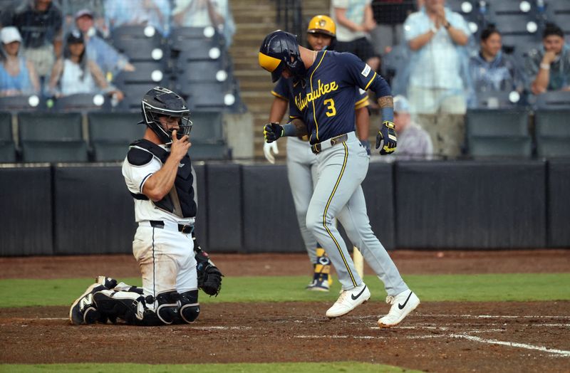 May 10, 2025; St. Petersburg, Florida, USA; Milwaukee Brewers shortstop Joey Ortiz (3) celebrates after he hit a home run during the third inning against the Tampa Bay Rays at George M. Steinbrenner Field. Mandatory Credit: Kim Klement Neitzel-Imagn Images