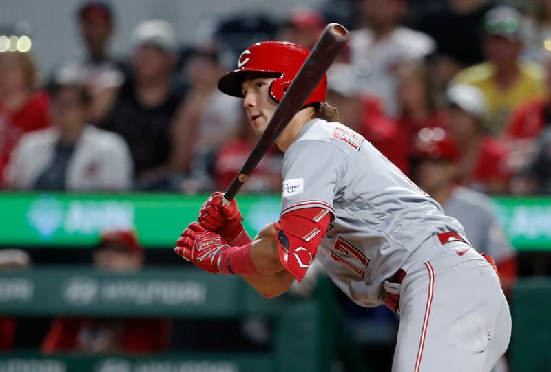 Aug 13, 2023; Pittsburgh, PA, USA; Cincinnati Reds pinch hitter Stuart Fairchild (17) hits an RBI double against the Pittsburgh Pirates during the eighth inning at PNC Park. Mandatory Credit: Charles LeClaire-USA TODAY Sports