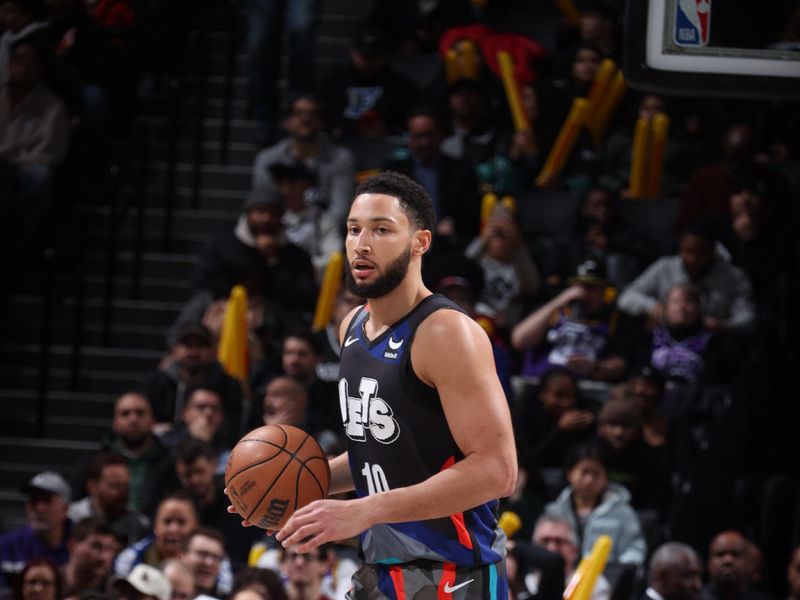 BROOKLYN, NY - JANUARY 29: Ben Simmons #10 of the Brooklyn Nets dribbles the ball during the game against the Utah Jazz on January 29, 2024 at Barclays Center in Brooklyn, New York. NOTE TO USER: User expressly acknowledges and agrees that, by downloading and or using this Photograph, user is consenting to the terms and conditions of the Getty Images License Agreement. Mandatory Copyright Notice: Copyright 2024 NBAE (Photo by Nathaniel S. Butler/NBAE via Getty Images)