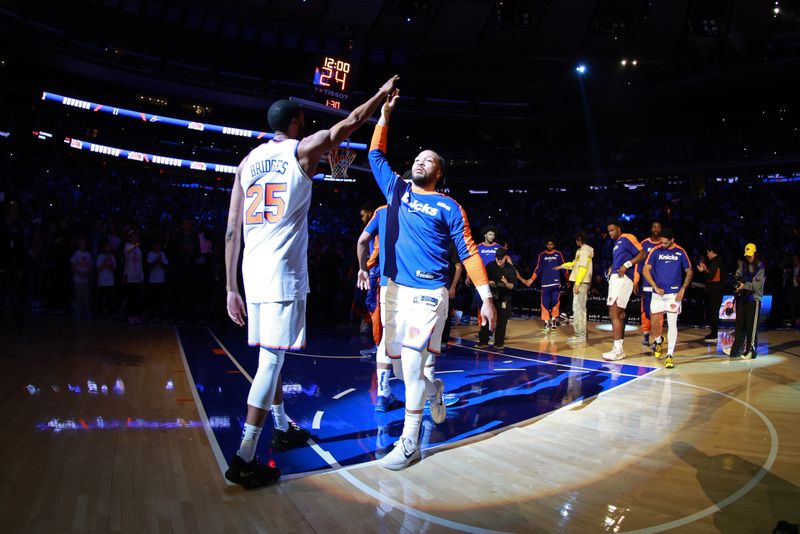 NEW YORK, NY - JANUARY 27: Jalen Brunson #11 of the New York Knicks is introduced before the game against the Memphis Grizzlies on January 27, 2025 at Madison Square Garden in New York City, New York.  NOTE TO USER: User expressly acknowledges and agrees that, by downloading and or using this photograph, User is consenting to the terms and conditions of the Getty Images License Agreement. Mandatory Copyright Notice: Copyright 2025 NBAE  (Photo by Nathaniel S. Butler/NBAE via Getty Images)