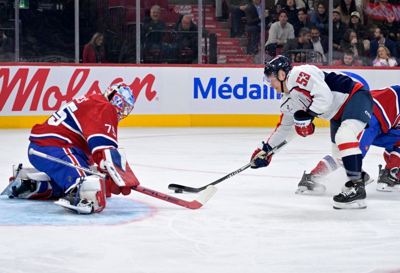 Nov 20, 2025; Montreal, Quebec, CAN; Montreal Canadiens goalie Jakub Dobes (75) stops Washington Capitals forward Ethen Frank (53) during the second period at the Bell Centre. Mandatory Credit: Eric Bolte-Imagn Images