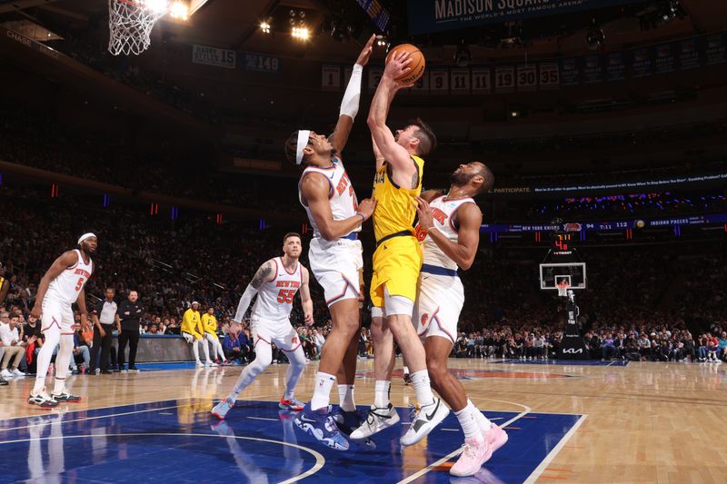 NEW YORK, NY - MAY 19: T.J. McConnell #9 of the Indiana Pacers shoots the ball during the game  against the New York Knicks during Round 2 Game 7 of the 2024 NBA Playoffs on May 19, 2024 at Madison Square Garden in New York City, New York.  NOTE TO USER: User expressly acknowledges and agrees that, by downloading and or using this photograph, User is consenting to the terms and conditions of the Getty Images License Agreement. Mandatory Copyright Notice: Copyright 2024 NBAE  (Photo by Nathaniel S. Butler/NBAE via Getty Images)