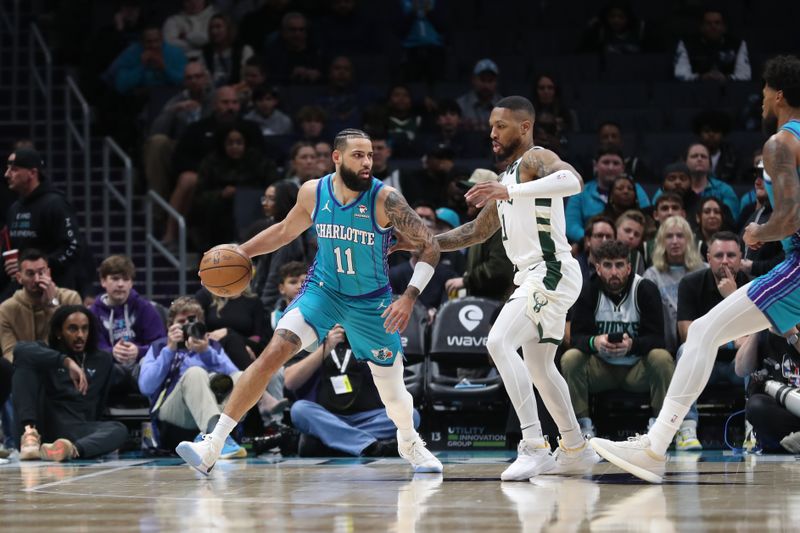 CHARLOTTE, NC - FEBRUARY 29: Cody Martin #11 of the Charlotte Hornets dribbles the ball during the game against the Milwaukee Bucks on February 29, 2024 at Spectrum Center in Charlotte, North Carolina. NOTE TO USER: User expressly acknowledges and agrees that, by downloading and or using this photograph, User is consenting to the terms and conditions of the Getty Images License Agreement.  Mandatory Copyright Notice:  Copyright 2024 NBAE (Photo by Brock Williams-Smith/NBAE via Getty Images)