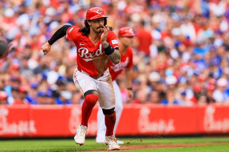 Jun 8, 2024; Cincinnati, Ohio, USA; Cincinnati Reds second baseman Jonathan India (6) scores on a ground out hit by outfielder TJ Friedl (not pictured) in the fifth inning against the Chicago Cubs at Great American Ball Park. Mandatory Credit: Katie Stratman-USA TODAY Sports