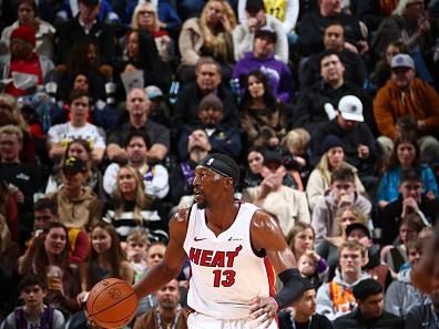 SALT LAKE CITY, UT - DECEMBER 30: Bam Adebayo #13 of the Miami Heat dribbles the ball during the game against the Utah Jazz on December 30, 2023 at Delta Center in Salt Lake City, Utah. NOTE TO USER: User expressly acknowledges and agrees that, by downloading and or using this Photograph, User is consenting to the terms and conditions of the Getty Images License Agreement. Mandatory Copyright Notice: Copyright 2023 NBAE (Photo by Melissa Majchrzak/NBAE via Getty Images)