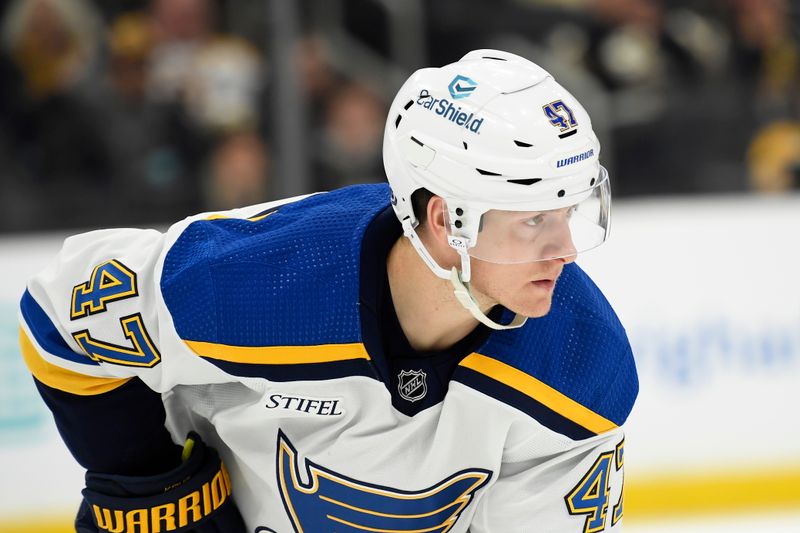 Mar 11, 2024; Boston, Massachusetts, USA;  St. Louis Blues defenseman Torey Krug (47) gets set for a face-off during the third period against the Boston Bruins at TD Garden. Mandatory Credit: Bob DeChiara-USA TODAY Sports