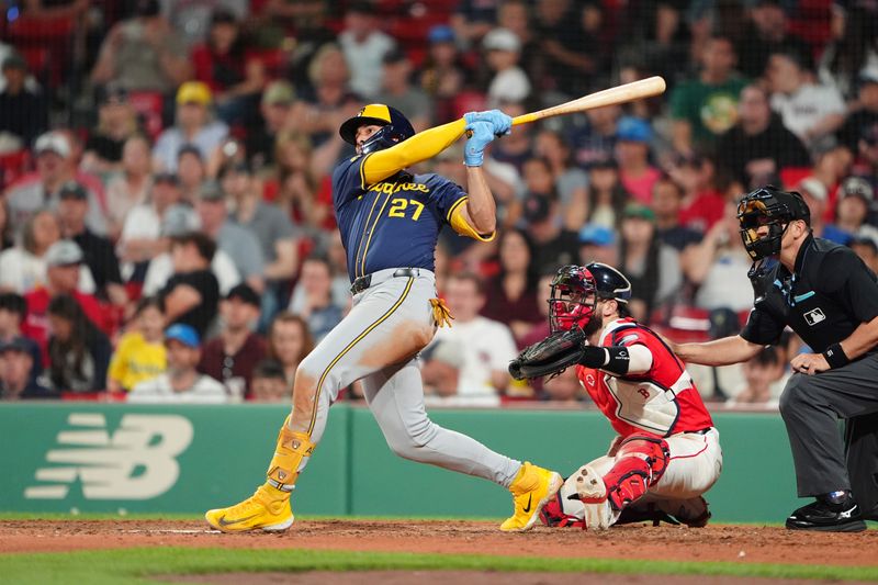 May 24, 2024; Boston, Massachusetts, USA; Milwaukee Brewers shortstop Willy Adames (27) hits a double against the Boston Red Sox during the ninth inning at Fenway Park. Mandatory Credit: Gregory Fisher-USA TODAY Sports