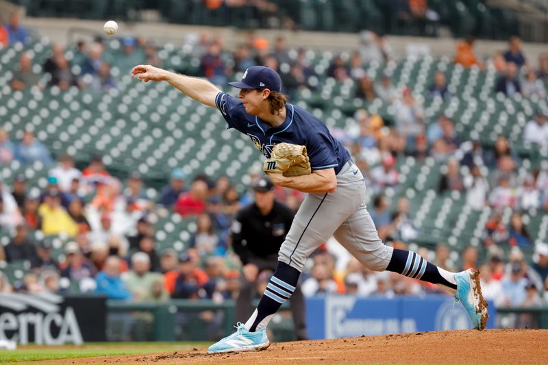 Sep 24, 2024; Detroit, Michigan, USA;  Tampa Bay Rays starting pitcher Ryan Pepiot (44) pitches in the first inning against the Detroit Tigers at Comerica Park. Mandatory Credit: Rick Osentoski-Imagn Images