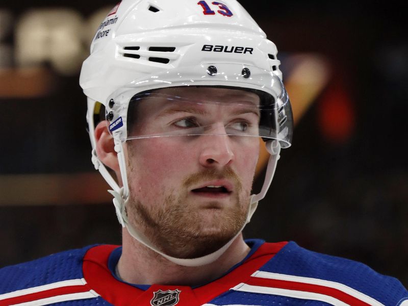 Nov 22, 2023; Pittsburgh, Pennsylvania, USA; New York Rangers left wing Alexis Lafreniere (13) looks on against the Pittsburgh Penguins during the second period at PPG Paints Arena. Mandatory Credit: Charles LeClaire-USA TODAY Sports