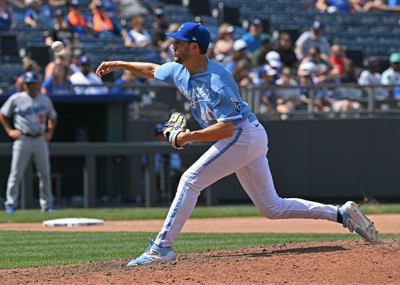 Jul 2, 2023; Kansas City, Missouri, USA;  Kansas City Royals relief pitcher Collin Snider (40) delivers a pitch in the ninth inning against the Los Angeles Dodgers at Kauffman Stadium. Mandatory Credit: Peter Aiken-USA TODAY Sports