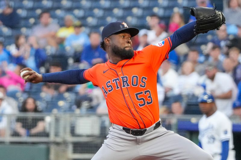 Apr 9, 2024; Kansas City, Missouri, USA; Houston Astros starting pitcher Cristian Javier (53) delivers a pitch against the Kansas City Royals in the first inning at Kauffman Stadium. Mandatory Credit: Denny Medley-USA TODAY Sports