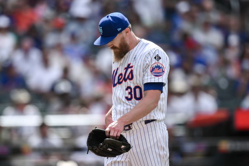 Jun 16, 2024; New York City, New York, USA; New York Mets pitcher Jake Diekman (30) reacts after leaving the game during the eighth inning against the San Diego Padres at Citi Field. Mandatory Credit: John Jones-USA TODAY Sports