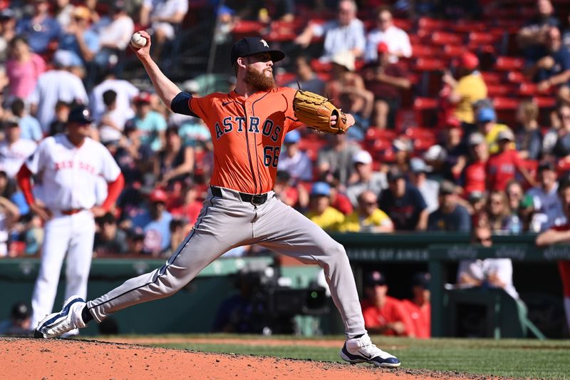 Aug 11, 2024; Boston, Massachusetts, USA; Houston Astros pitcher Shawn Dubin (66) pitches against the Boston Red Sox during the ninth inning at Fenway Park. Mandatory Credit: Eric Canha-USA TODAY Sports