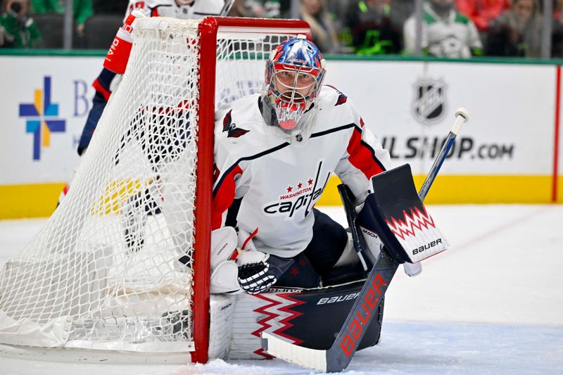 Jan 27, 2024; Dallas, Texas, USA; Washington Capitals goaltender Charlie Lindgren (79) faces the Dallas Stars attack during the second period at the American Airlines Center. Mandatory Credit: Jerome Miron-USA TODAY Sports