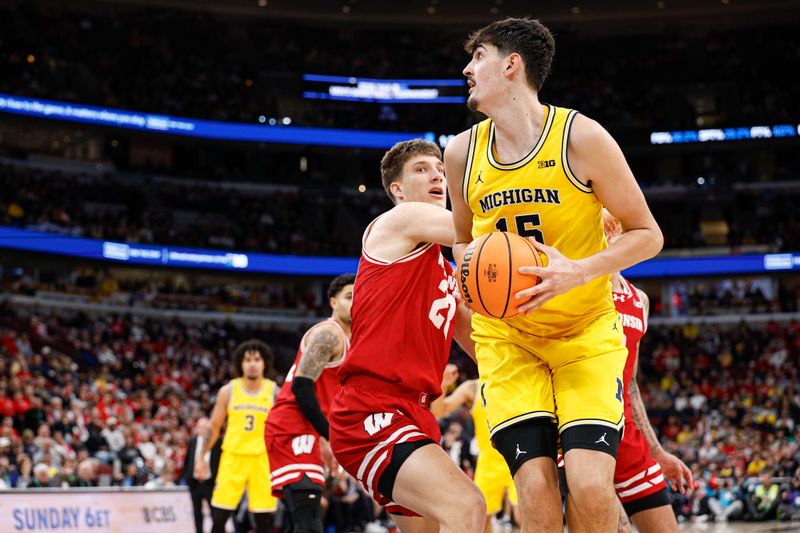 Mar 14, 2026; Chicago, IL, USA; Michigan Wolverines center Aday Mara (15) goes to the the basket against Michigan Wolverines forward Yaxel Lendeborg (23) during the second half at United Center. Mandatory Credit: Kamil Krzaczynski-Imagn Images Mar 14, 2026; Chicago, IL, USA; Michigan Wolverines center Aday Mara (15) goes to the the basket against Michigan Wolverines forward Yaxel Lendeborg (23) during the second half at United Center. Mandatory Credit: Kamil Krzaczynski-Imagn Images