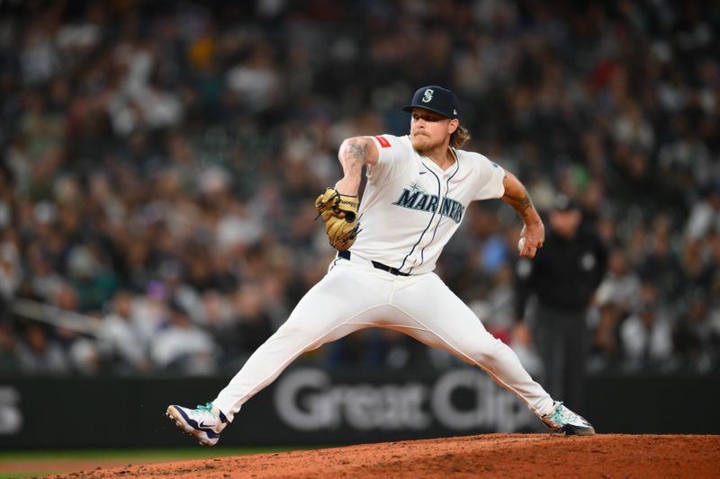 May 13, 2025; Seattle, Washington, USA; Seattle Mariners relief pitcher Gabe Speier (55) pitches to the New York Yankees during the seventh inning at T-Mobile Park. Mandatory Credit: Steven Bisig-Imagn Images