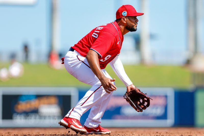 Mar 2, 2023; West Palm Beach, Florida, USA; Washington Nationals third baseman Jeimer Candelario (9) plays his position during the second inning against the Miami Marlins at The Ballpark of the Palm Beaches. Mandatory Credit: Sam Navarro-USA TODAY Sports