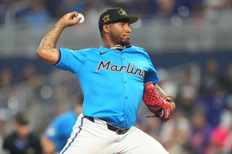 May 19, 2024; Miami, Florida, USA;  Miami Marlins starting pitcher Sixto Sánchez (18) pitches in the first inning against the New York Mets at loanDepot Park. Mandatory Credit: Jim Rassol-USA TODAY Sports