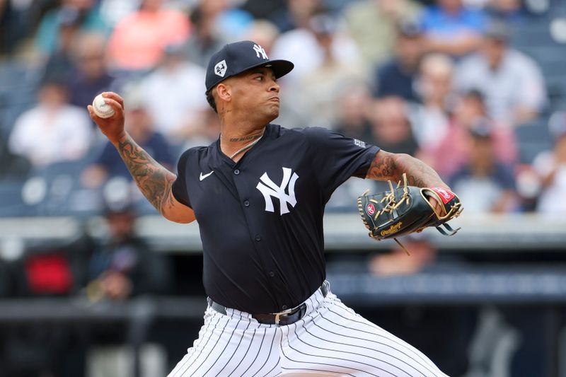 Mar 22, 2024; Tampa, Florida, USA;  New York Yankees pitcher Luis Gil (81) throws a pitch against the New York Mets in the first inning at George M. Steinbrenner Field. Mandatory Credit: Nathan Ray Seebeck-USA TODAY Sports