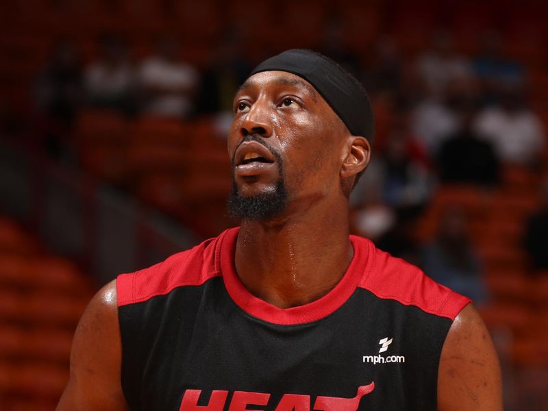 MIAMI, FL - MARCH 3: Bam Adebayo #13 of the Miami Heat warms up before the game against the Washington Wizards on March 3, 2025 at Kaseya Center in Miami, Florida. NOTE TO USER: User expressly acknowledges and agrees that, by downloading and or using this Photograph, user is consenting to the terms and conditions of the Getty Images License Agreement. Mandatory Copyright Notice: Copyright 2025 NBAE (Photo by Issac Baldizon/NBAE via Getty Images)