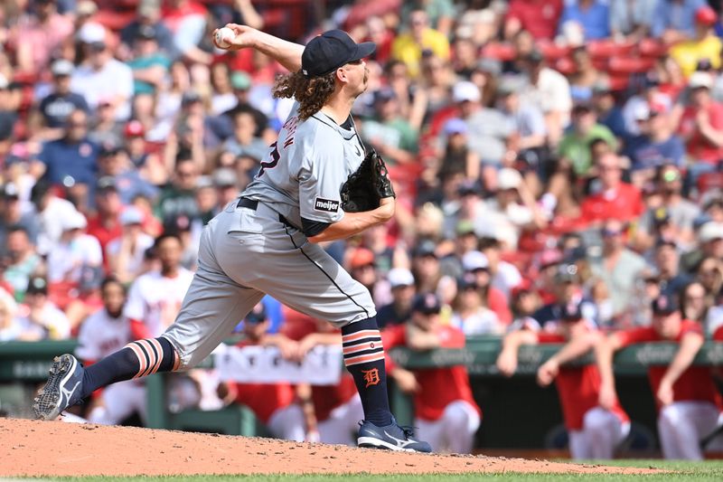 Jun 2, 2024; Boston, Massachusetts, USA;  Detroit Tigers pitcher Andrew Chafin (17) pitches against the Boston Red Sox during the ninth inning at Fenway Park. Mandatory Credit: Eric Canha-USA TODAY Sports