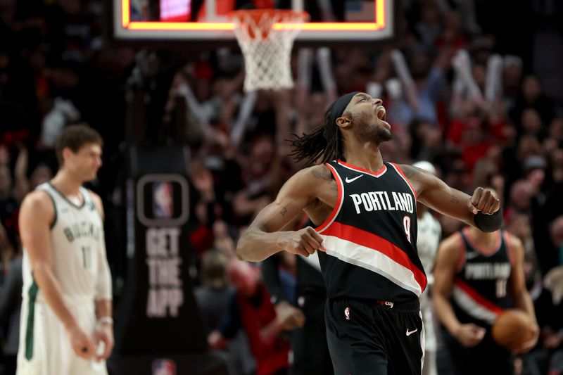 PORTLAND, OREGON - JANUARY 31: Jerami Grant #9 of the Portland Trail Blazers reacts after the Portland Trail Blazers beat the Milwaukee Bucks 119-116 at Moda Center on January 31, 2024 in Portland, Oregon. (Photo by Steph Chambers/Getty Images)