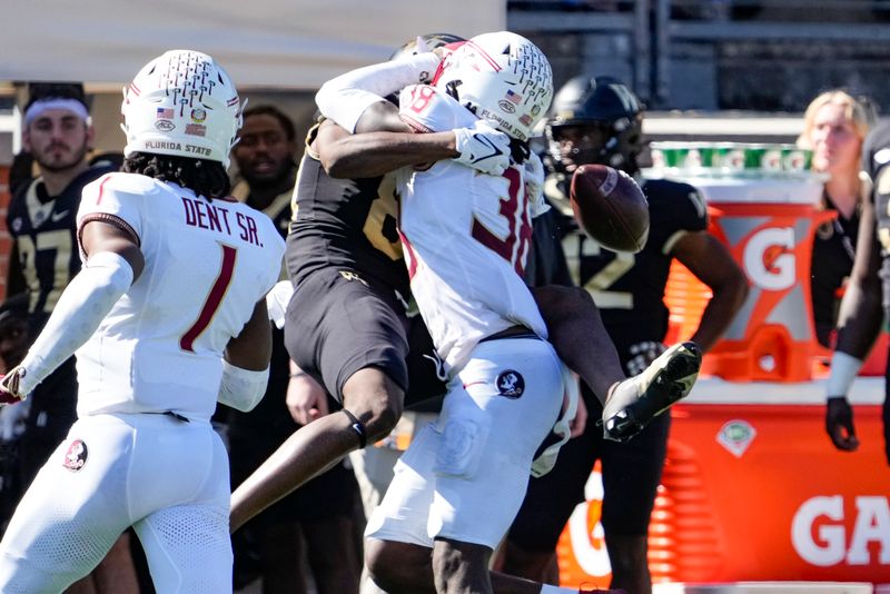 Oct 28, 2023; Winston-Salem, North Carolina, USA; Florida State Seminoles defensive back Shyheim Brown (38) gets a pass interference call while tackling Wake Forest Demon Deacons wide receiver Jahmal Banks (80) during the first half at Allegacy Federal Credit Union Stadium. Mandatory Credit: Jim Dedmon-USA TODAY Sports