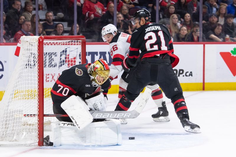 Apr 6, 2024; Ottawa, Ontario, CAN; Ottawa Senators goalie Joonas Korpisalo (70) makes a save on a shot from New Jersey Devils left wing Erik Haula (56) in the second period at the Canadian Tire Centre. Mandatory Credit: Marc DesRosiers-USA TODAY Sports