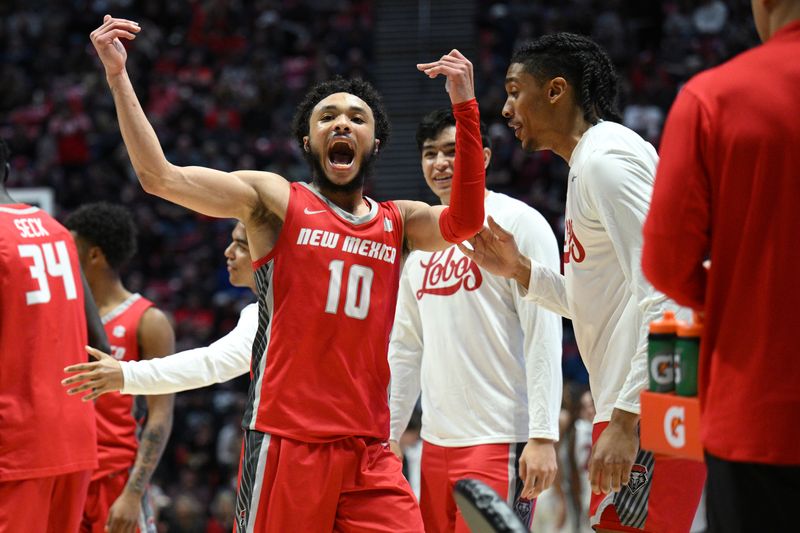 Jan 14, 2023; San Diego, California, USA; New Mexico Lobos guard Jaelen House (10) gestures toward the San Diego State Aztecs student section during a pause in play in the second half at Viejas Arena. Mandatory Credit: Orlando Ramirez-USA TODAY Sports