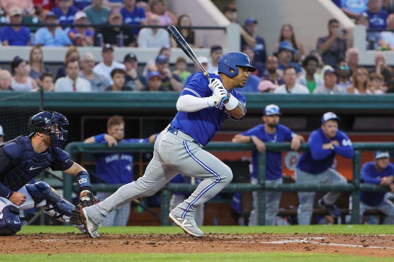 Mar 7, 2024; Lakeland, Florida, USA; Toronto Blue Jays third baseman Eduardo Escobar (3) looks on during the second inning against the Detroit Tigers at Publix Field at Joker Marchant Stadium. Mandatory Credit: Mike Watters-USA TODAY Sports