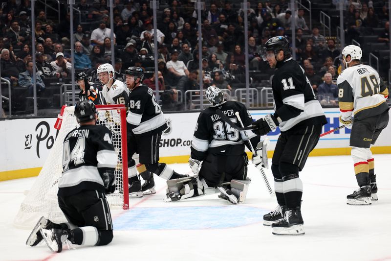 Oct 30, 2024; Los Angeles, California, USA;  Vegas Golden Knights left wing Pavel Dorofeyev (16) reacts after scoring a goal during the third period against the Los Angeles Kings at Crypto.com Arena. Mandatory Credit: Kiyoshi Mio-Imagn Images