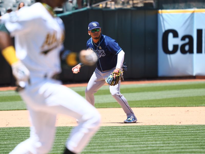 Jun 15, 2023; Oakland, California, USA; Tampa Bay Rays third baseman Isaac Paredes (17) commits a fielding error as Oakland Athletics center fielder Esteury Ruiz (1) reaches first base during the fifth inning at Oakland-Alameda County Coliseum. Mandatory Credit: Kelley L Cox-USA TODAY Sports