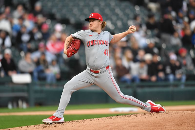 Apr 12, 2024; Chicago, Illinois, USA; Cincinnati Reds starting pitcher Andrew Abbott (41) pitches during the first inning against the Chicago White Sox at Guaranteed Rate Field. Mandatory Credit: Patrick Gorski-USA TODAY Sports