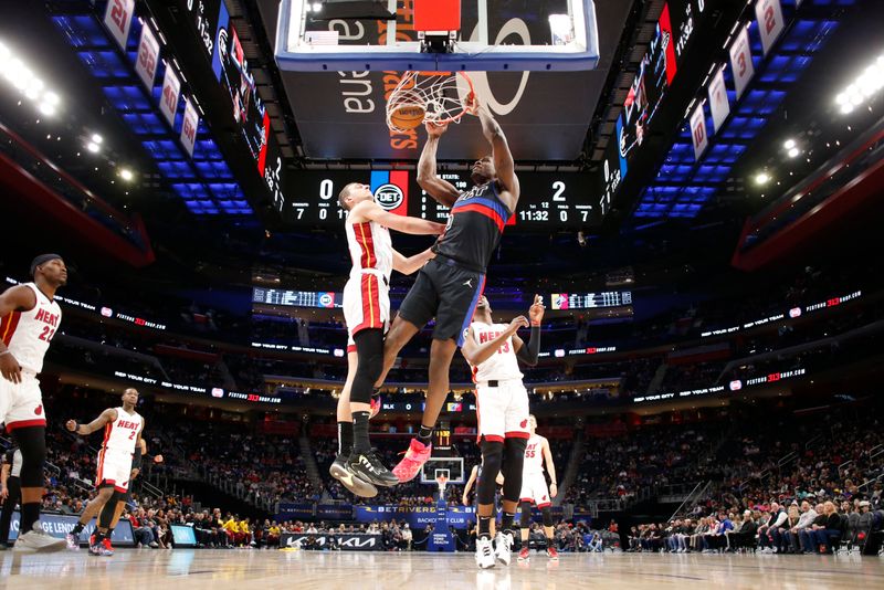 DETROIT, MI - MARCH 15: Ausar Thompson #9 of the Detroit Pistons dunks the ball during the game against the Miami Heat on March 15, 2024 at Little Caesars Arena in Detroit, Michigan. NOTE TO USER: User expressly acknowledges and agrees that, by downloading and/or using this photograph, User is consenting to the terms and conditions of the Getty Images License Agreement. Mandatory Copyright Notice: Copyright 2024 NBAE (Photo by Brian Sevald/NBAE via Getty Images)