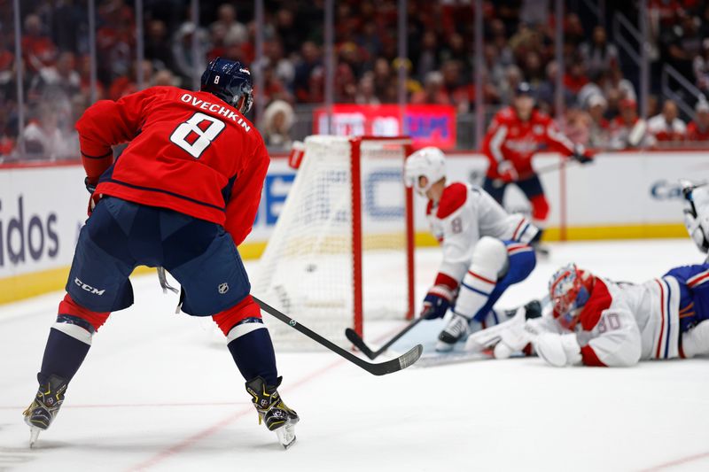 Oct 31, 2024; Washington, District of Columbia, USA; Washington Capitals left wing Alex Ovechkin (8) scores a goal on Montreal Canadiens goaltender Cayden Primeau (30) in the third period at Capital One Arena. Mandatory Credit: Geoff Burke-Imagn Images