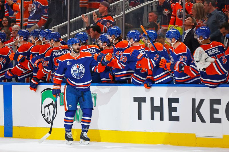 Oct 23, 2025; Edmonton, Alberta, CAN; The Edmonton Oilers celebrate a goal scored by forward Adam Henrique (19) during the second period against the Montreal Canadiens at Rogers Place. Mandatory Credit: Perry Nelson-Imagn Images
