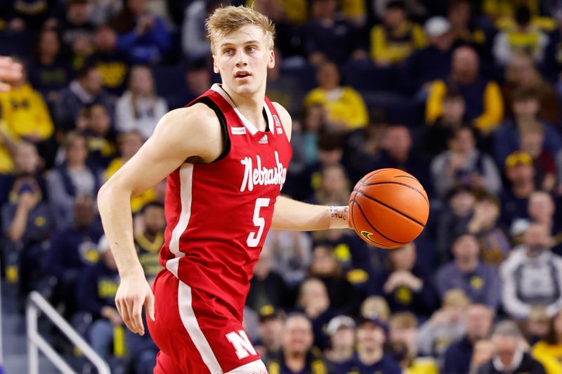 Feb 8, 2023; Ann Arbor, Michigan, USA;  Nebraska Cornhuskers guard Sam Griesel (5) dribbles in the second half against the Michigan Wolverines at Crisler Center. Mandatory Credit: Rick Osentoski-USA TODAY Sports