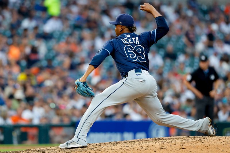 Jul 8, 2025; Detroit, Michigan, USA;  Tampa Bay Rays pitcher Edwin Uceta (63) pitches in the seventh inning against the Detroit Tigers at Comerica Park. Mandatory Credit: Rick Osentoski-Imagn Images