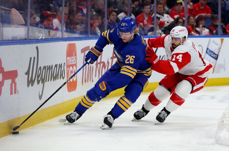 Dec 5, 2023; Buffalo, New York, USA;  Buffalo Sabres defenseman Rasmus Dahlin (26) goes after a loose puck behind the net as Detroit Red Wings center Robby Fabbri (14)  defends during the third period at KeyBank Center. Mandatory Credit: Timothy T. Ludwig-USA TODAY Sports