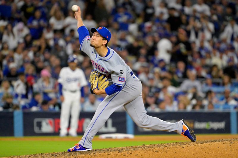 Oct 20, 2024; Los Angeles, California, USA; New York Mets pitcher Kodai Senga (34) pitches in the seventh inning against the Los Angeles Dodgers during game six of the NLCS for the 2024 MLB playoffs at Dodger Stadium. Mandatory Credit: Jayne Kamin-Oncea-Imagn Images