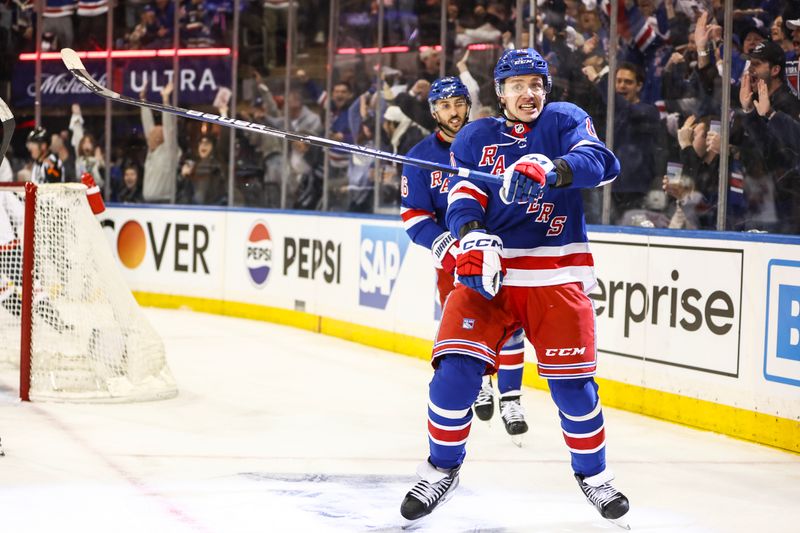 Apr 21, 2024; New York, New York, USA; New York Rangers left wing Artemi Panarin (10) celebrates after scoring a goal in the second period against the Washington Capitals in game one of the first round of the 2024 Stanley Cup Playoffs at Madison Square Garden. Mandatory Credit: Wendell Cruz-USA TODAY Sports