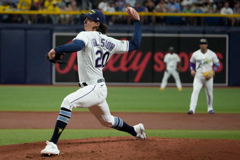 Jul 7, 2023; St. Petersburg, Florida, USA; Tampa Bay Rays starting pitcher Tyler Glasnow (20) throws a pitch against the Atlanta Braves during the third inning at Tropicana Field. Mandatory Credit: Dave Nelson-USA TODAY Sports