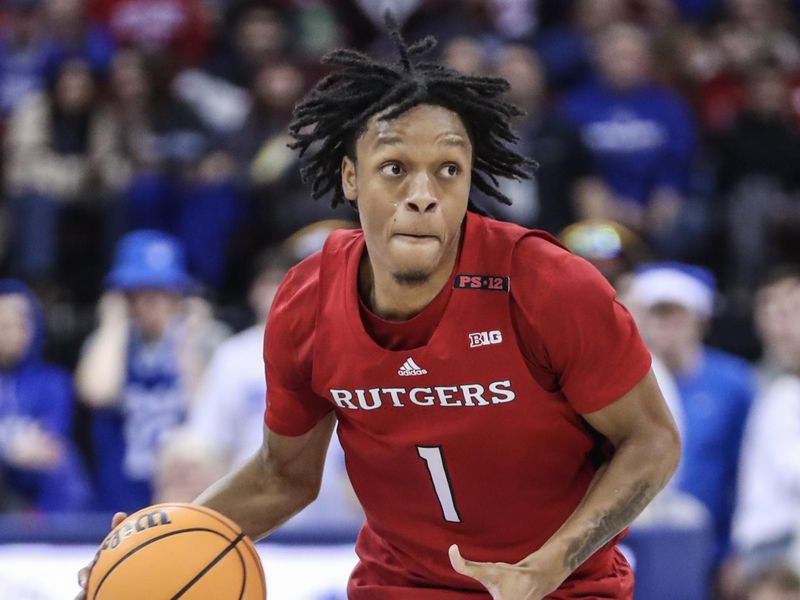 Dec 9, 2023; Newark, New Jersey, USA; Rutgers Scarlet Knights guard Jamichael Davis (1) looks for an open teammate in the first half against the Seton Hall Pirates at Prudential Center. Mandatory Credit: Wendell Cruz-USA TODAY Sports