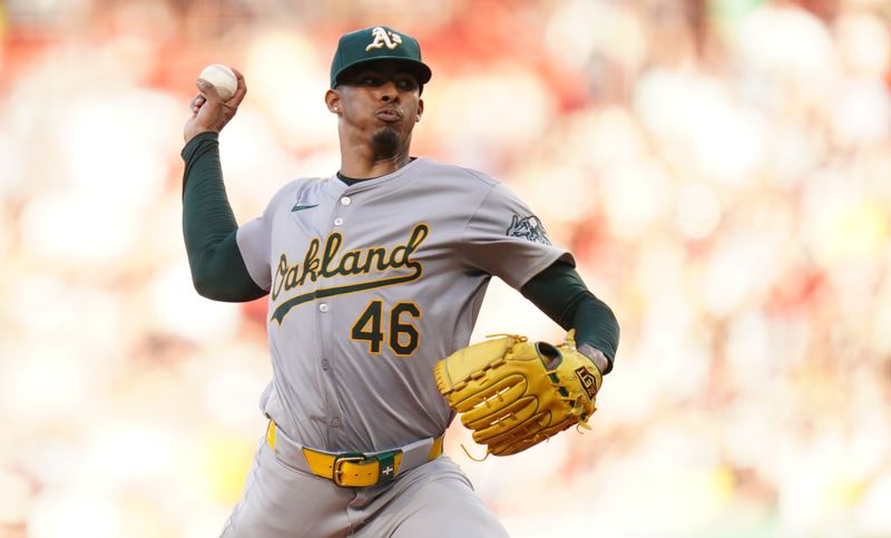 Jul 11, 2024; Boston, Massachusetts, USA; Oakland Athletics starting pitcher Luis Medina (46) throws a pitch against the Boston Red Sox in the first inning at Fenway Park. Mandatory Credit: David Butler II-USA TODAY Sports