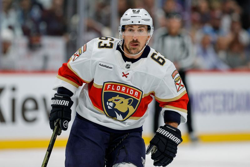 Dec 11, 2025; Denver, Colorado, USA; Florida Panthers left wing Brad Marchand (63) in the first period against the Colorado Avalanche at Ball Arena. Mandatory Credit: Isaiah J. Downing-Imagn Images