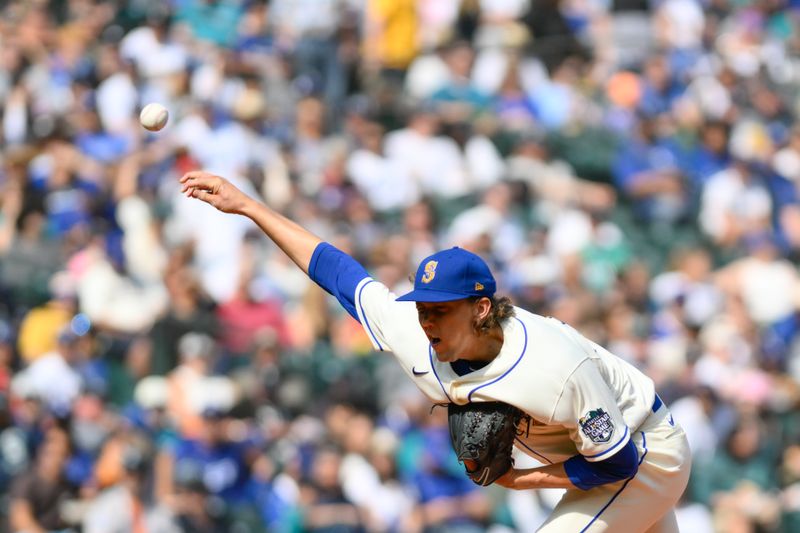 Sep 17, 2023; Seattle, Washington, USA; Seattle Mariners starting pitcher Logan Gilbert (36) pitches to the Los Angeles Dodgers during the first inning at T-Mobile Park. Mandatory Credit: Steven Bisig-USA TODAY Sports